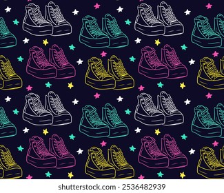 Neon colored retro 90s seamless pattern with outlined sneakers on dark background, creating a vibrant and playful design. Vector hand drawn doodle illustration. Good for textile, fabric, wallpaper