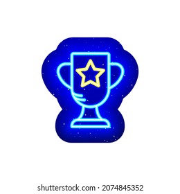 Neon colored starry victory trophy icon. Midnight blue. Neon trophy, achievement and first place design. Realistic neon icon. There is mask area on White Background.