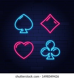 Neon colored symbols deck of cards for playing poker and casino on black background. Card suits. Vector illustration.