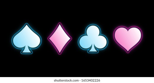 Neon colored symbols deck of cards for playing poker and casino on black background. Vector illustration.	