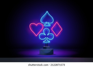 Neon colored symbols deck of cards for playing poker and casino on black background. Card suits, poker, blackjack, neon icons. Glowing casino signboard.