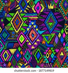 neon colored tribal vector seamless pattern. aztec fancy abstract geometric art print. ethnic background. doodle hand drawn. Wallpaper, cloth design, fabric, tissue, cotton, cover, textile template