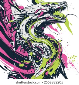 Neon colored T-Shirt Design With Cyberpunk Techno Sci-fi Dragon Pink and Green colors