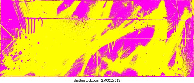 Neon colored urban punk background with halftone texture, paint drops and splashes. Bright pink and yellow colored banner design. Modern grunge background with hand drawn brush strokes.