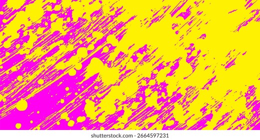 Fundo punk urbano neon colorido com textura de meio-tom, pingos de tinta e respingos. Design de banner rosa brilhante e amarelo. Fundo grunge moderno com traços de pincel desenhados à mão.