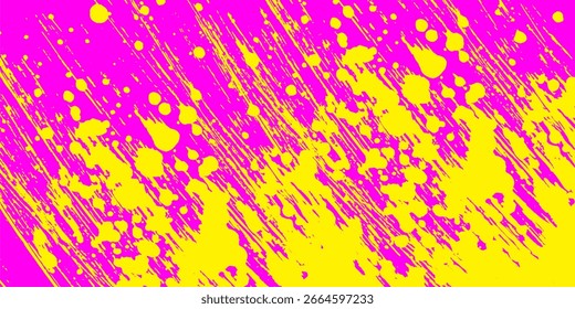 Fundo punk urbano neon colorido com textura de meio-tom, pingos de tinta e respingos. Design de banner rosa brilhante e amarelo. Fundo grunge moderno com traços de pincel desenhados à mão.