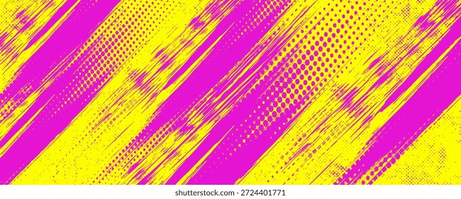 Neonfarbener urbaner Punkhintergrund mit Halbtontextur, Farbtropfen und Spritzer. 