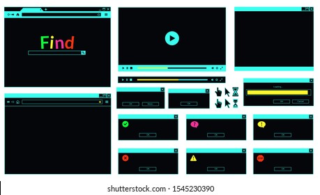 Neon colored web browser window, error message, video player, computer cursors