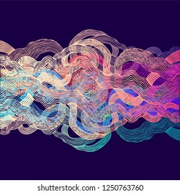 Neon colorful Abstract Background. Decorative bright curved stripes on a dark background. Vector Illustration. 