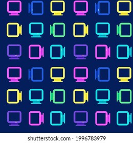 Monitores de computadora de color neón con un patrón de cuadrícula en un fondo azul marino. Fondo vectorial de repetición sin inconvenientes.