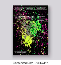 Neon colorful explosion paint splatter artistic covers design. Decorative bright texture splash spray on black backgrounds. Trendy template vector for Cover Report Catalog Brochure Flyer Poster Banner
