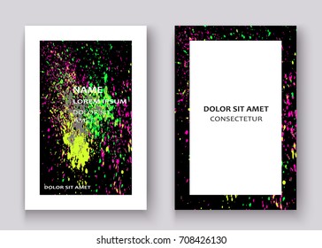 Neon colorful explosion paint splatter artistic covers design. Decorative bright texture splash spray on black backgrounds. Trendy template vector for Cover Report Catalog Brochure Flyer Poster Banner