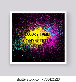 Neon colorful explosion paint splatter artistic covers design. Decorative bright texture splash spray on black backgrounds. Trendy template vector for Cover Report Catalog Brochure Flyer Poster Banner