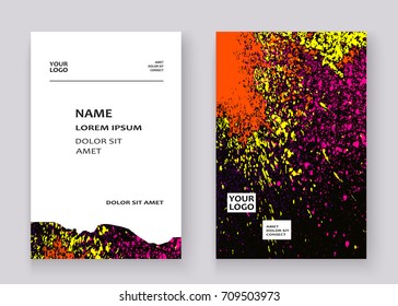 Neon colorful explosion paint splatter artistic covers design. Decorative bright texture splash spray on black backgrounds. Trendy template vector for Cover Report Catalog Brochure Flyer Poster Banner