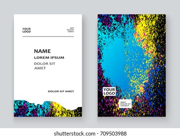 Neon colorful explosion paint splatter artistic covers design. Decorative bright texture splash spray on blue backgrounds. Trendy template vector for Cover Report Catalog Brochure Flyer Poster Banner