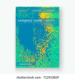 Neon colorful explosion paint splatter artistic covers design. Decorative bright texture splash spray on turquoise backgrounds. Trendy template vector Cover Report Catalog Brochure Flyer Poster Banner
