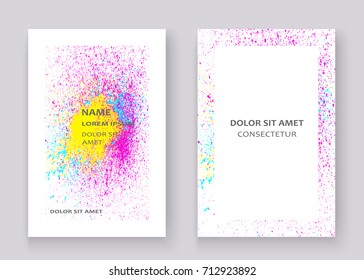Neon colorful explosion paint splatter artistic covers design. Decorative bright texture splash spray on white backgrounds. Trendy template vector for Cover Report Catalog Brochure Flyer Poster Banner