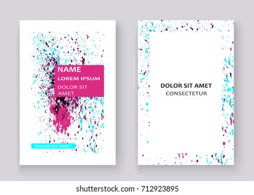 Neon colorful explosion paint splatter artistic covers design. Decorative bright texture splash spray on white backgrounds. Trendy template vector for Cover Report Catalog Brochure Flyer Poster Banner