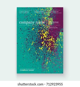 Neon colorful explosion paint splatter artistic covers design. Decorative bright texture splash spray on turquoise backgrounds. Trendy template vector Cover Report Catalog Brochure Flyer Poster Banner
