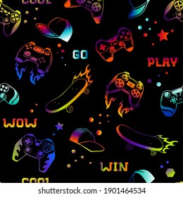 Neon colorful gamepad patter. Play game joystics, cap and skateboard repeat set. Repeated teenagers print for boy clothes, sport textile, wrapping paper.