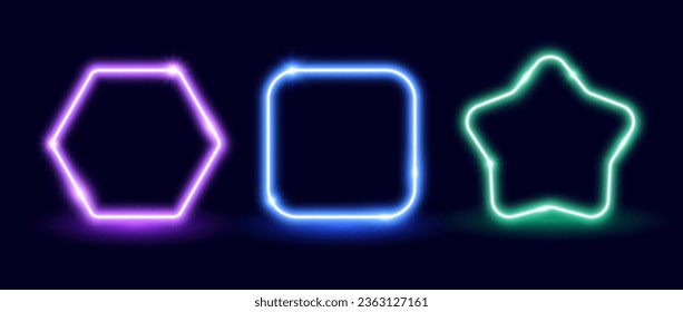 Neon colorful glow frame set. Illuminated star, square, hexagon shapes collection. Neon lighting design elements for banner, poster, collage, template. Vector shining signs illustration pack