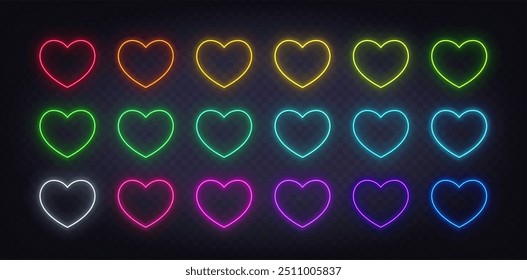 Neon Colorful Heart Sign Set on the transparent background.