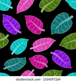 Neon Colorful Herbal Leaves Botanic Isolated Elements Vector Seamless Pattern Print Black Backround