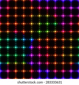 Neon colorful LED wall from dots on dark background - seamless background