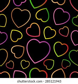 Neon colorful line hearts pattern on black background vector illustration
