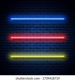 Neon colorful lines on brick wall. Vector illustration.