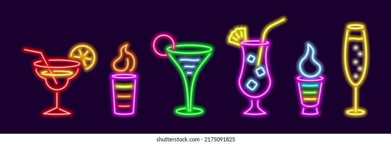 Neon colorful popular cocktails set. Glowing B52 with irish cream with figured foam in glass cup. Elite champagne with bubbles in glass. Bright pina colada with pineapple vector wedge