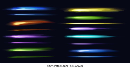 Neon colorful rays in horizontal position on dark background. Vector red, green, yellow, blue and purple motion lights lines. Abstract fluorescent elements with glow and shine