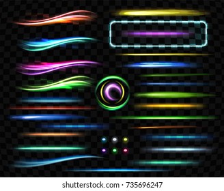 Neon colorful rays on dark transparent background. Vector red, green, yellow, blue and purple motion lights lines. Abstract fluorescent elements with glow and shine