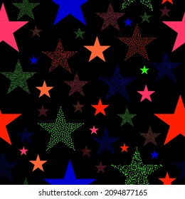 Neon colorful star firework on sky. multicolor lights for xmas or new year eve. Stars and scrapes are laid out in an interesting seamless pattern.