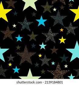 Neon colorful star firework on sky. multicolor lights for xmas or new year eve. Gorgeous glittering seamless background with rainbow stars and blurs.