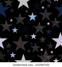 Neon colorful star firework on sky. multicolor lights for xmas or new year eve. Stars and scrapes are laid out in an interesting seamless pattern.