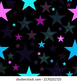 Neon colorful star firework on sky. multicolor lights for xmas or new year eve. Gorgeous glittering seamless background with rainbow stars and blurs.