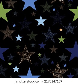Neon colorful star firework on sky. multicolor lights for xmas or new year eve. seamless background with bright neon stars.