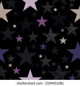 Neon colorful star firework on sky. multicolor lights for xmas or new year eve. Stars and scrapes are laid out in an interesting seamless pattern.