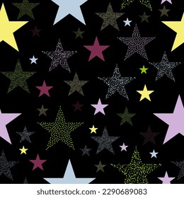 Neon colorful star firework on sky. multicolor lights for xmas or new year eve. Stars and scrapes are laid out in an interesting seamless pattern.