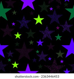 Neon colorful star firework on sky. multicolor lights for xmas or new year eve.  Multicolor shiny outer space, Glittering galactic texture background, Seamless illustration