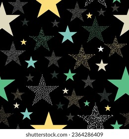 Neon colorful star firework on sky. multicolor lights for xmas or new year eve. Stars and scrapes are laid out in an interesting seamless pattern.