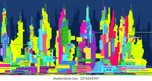 Neon Colorful Trendy Abstract Futuristic Sci-fi Cyber Space City Landscape Vector Illustration