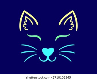 Neon Colors Fun Cat Face Cute Vector Illustration Doodle Style Outline Animal Character