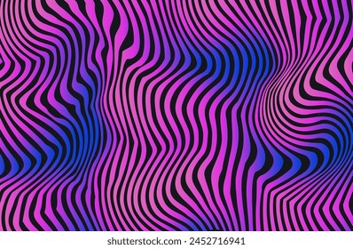 Neon colors Iridescent wavy abstract cyberpunk background with wavy stripes. Holographic crazy background for wall art, wallpaper, textile, fabrics, wall panel, textile, cover, poster. Gradient vector