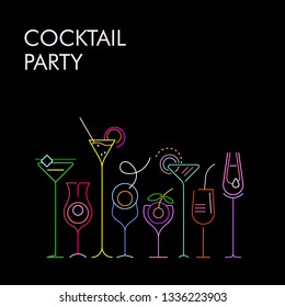 Neon colors isolated on a black background Cocktail Party vector background. Eight various silhouettes of cocktail glass.