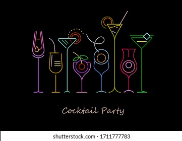 Neon colors isolated on a black background Cocktails vector illustration. A row of eight different cocktail glasses.