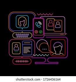 Neon colors isolated on a black background Online Chatting vector illustration. Computer monitors and smartphone screens with chat messages, video conference and video calling.