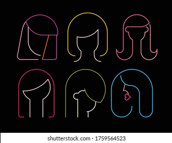 Neon colors isolated on a black background Six Faceless Avatars of Women. Set of different vector images of female head silhouettes.