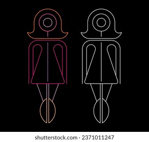 Neon colors isolated on a black background abstract faceless female model geometric style design. Vector graphic line art silhouettes of fashionable women in mini dresses.